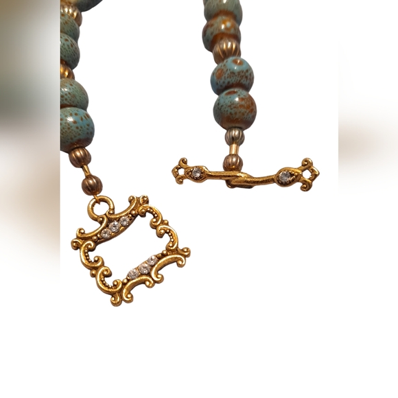 Aqua Green Glass Teardrop Shape With Calcilica Beads 20" Long - Picture 7 of 8